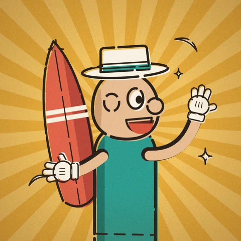 The Surfology presenter waving, holding a red surfboard